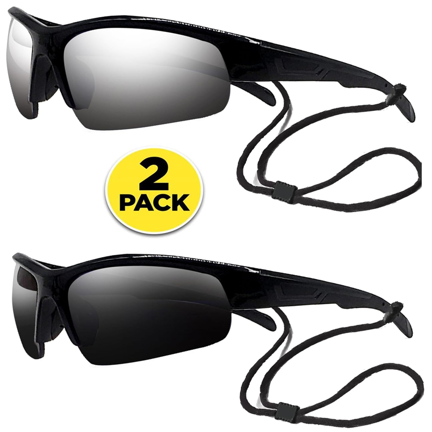 2-Pair Bifocal Sports Sunglasses Reading Glasses Men and Women Reader Wrap Mirror Fishing Driving Black Silver Sun Readers