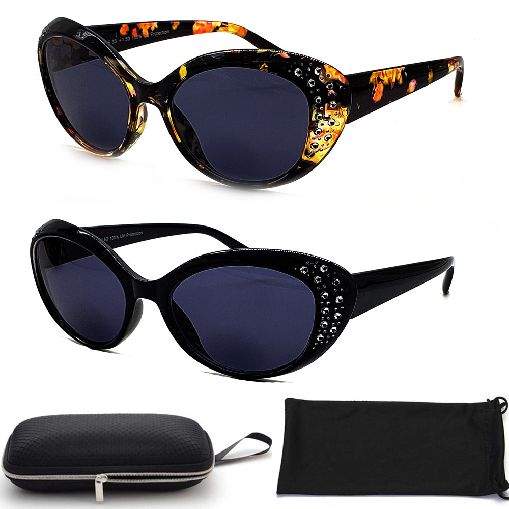 Rhinestones Bifocal Reader Sunglasses for Women (2Pack) Cat eyes Sun reader Glasses UV Protection Vintage 1.50 2.00 2.5 3.0