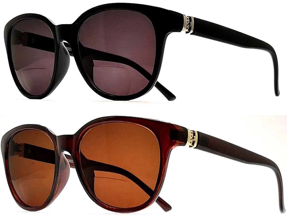 2-Pair Bifocal Sunglasses Reading Glasses for Women Fashion Designer Cat eyes (Black & Brown)
