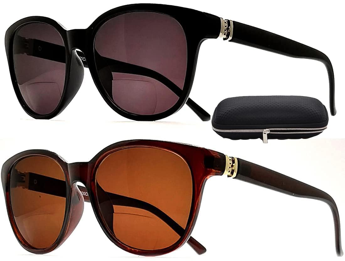 Vizionshark 2-Pair Bifocal Sunglasses Reading Glasses for Women Fashion Designer Cat eyes (Black & Brown)