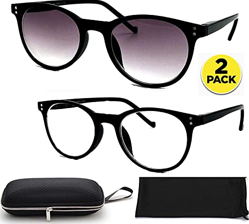 Nearsighted Distance Driving Myopia Glasses Men and Women (2 Pair) Shortsighted, Black Round Oval Circle Shape