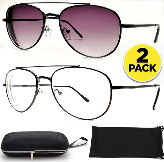 2-Pack Nearsighted Shortsighted Myopia Distance Driving Glasses for Men and Women Aviator Metal Wire Frame