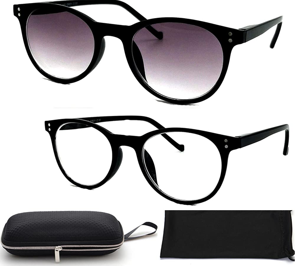 Nearsighted Distance Driving Myopia Glasses Men and Women (2 Pair) Shortsighted, Black Round Oval Circle Shape