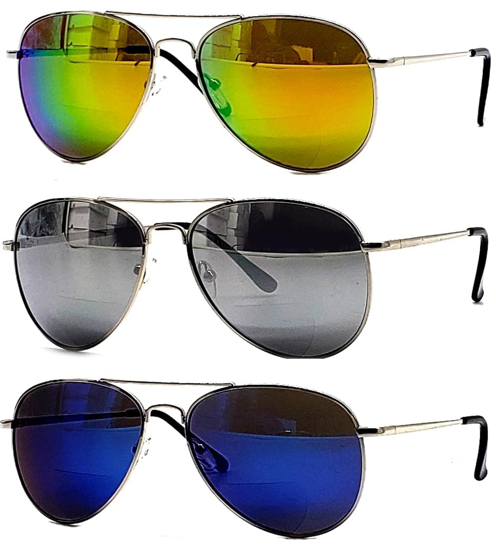 Bifocal Sunglasses for Women and Men (3-Pack) Aviator Vintage Fashion Designer UV 100 Driving Outdoor Mirror Metal