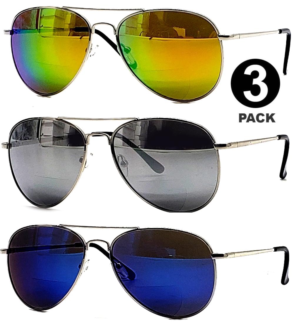 Bifocal Sunglasses for Women and Men (3-Pack) Aviator Vintage Fashion Designer UV 100 Driving Outdoor Mirror Metal